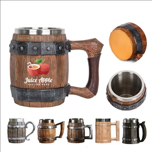 20oz Stainless Steel Liner Anti-Slip Wood Barrel Beer Stein